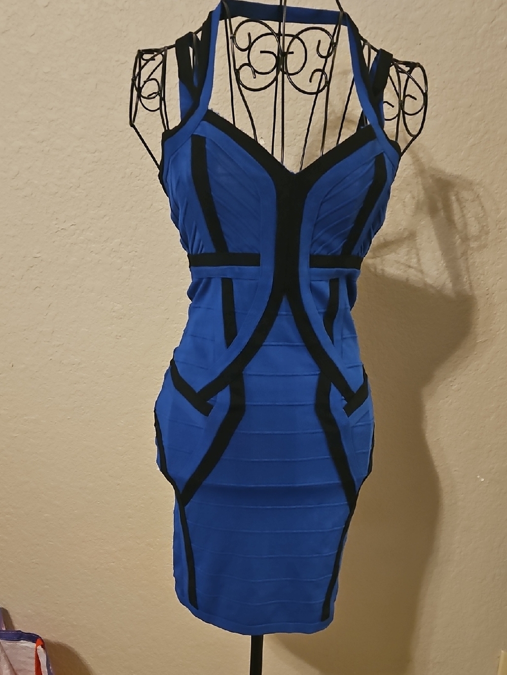 bebe Royal Blue and Black Bandage Halter Mini Dress